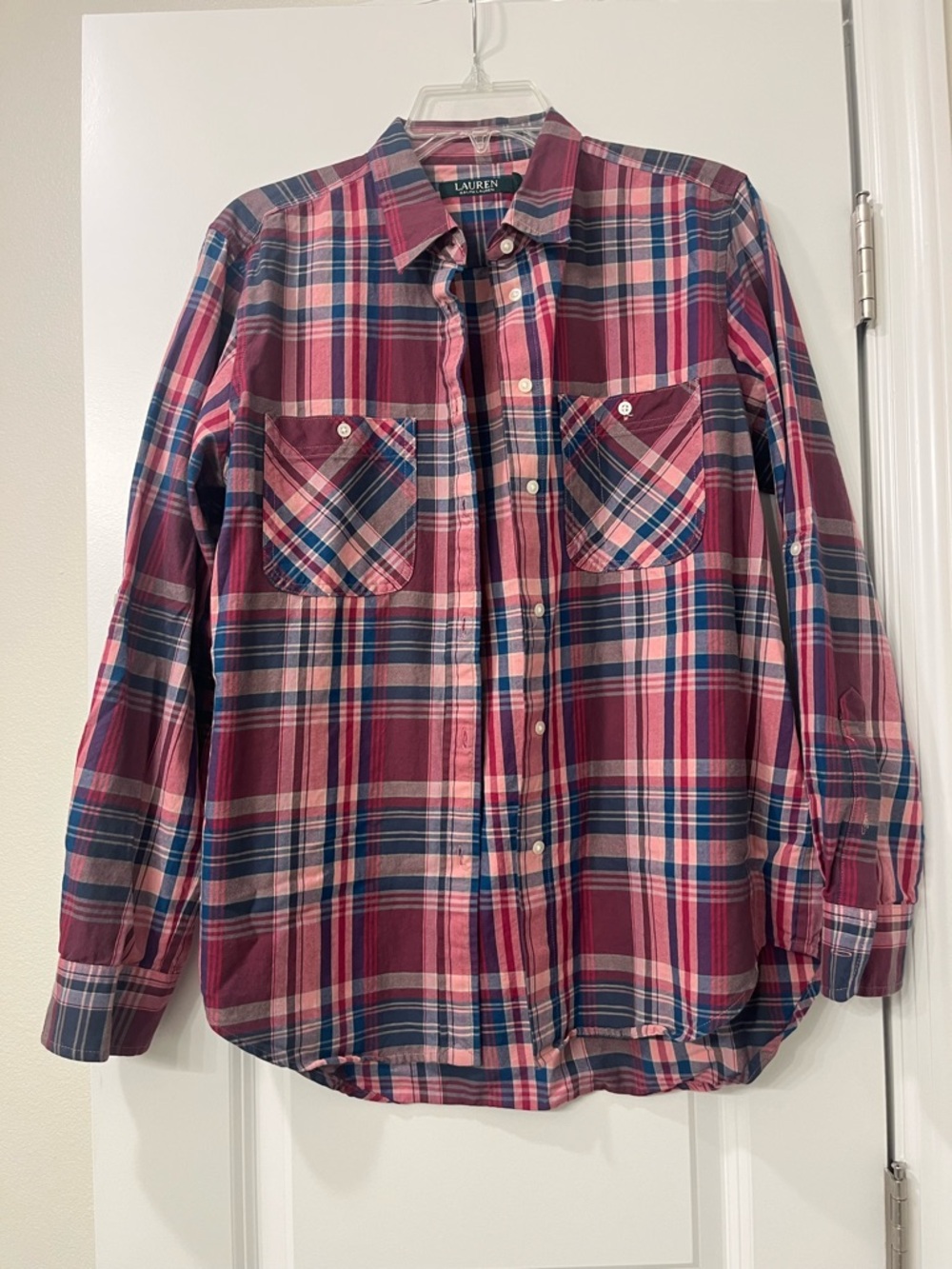 Lauren Ralph Lauren Pink Plaid Button-Down Shirt Long Sleeves Womens Large - Picture 1 of 11